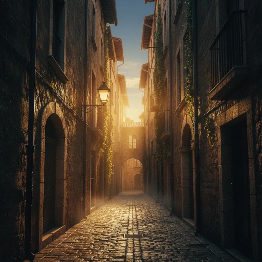 A narrow old-town alley at sunset