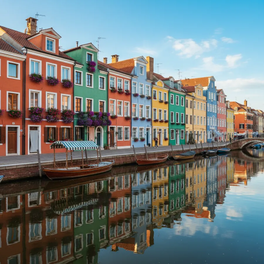 Brightly painted houses along a canal