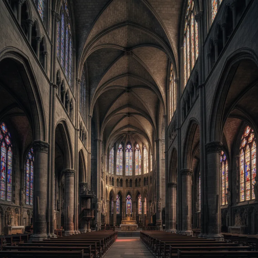The vaulted interior of a cathedral