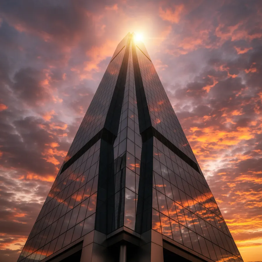 A glass tower catching the sunset