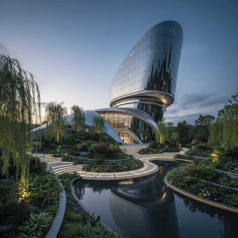 A curved modern building beside landscaped water