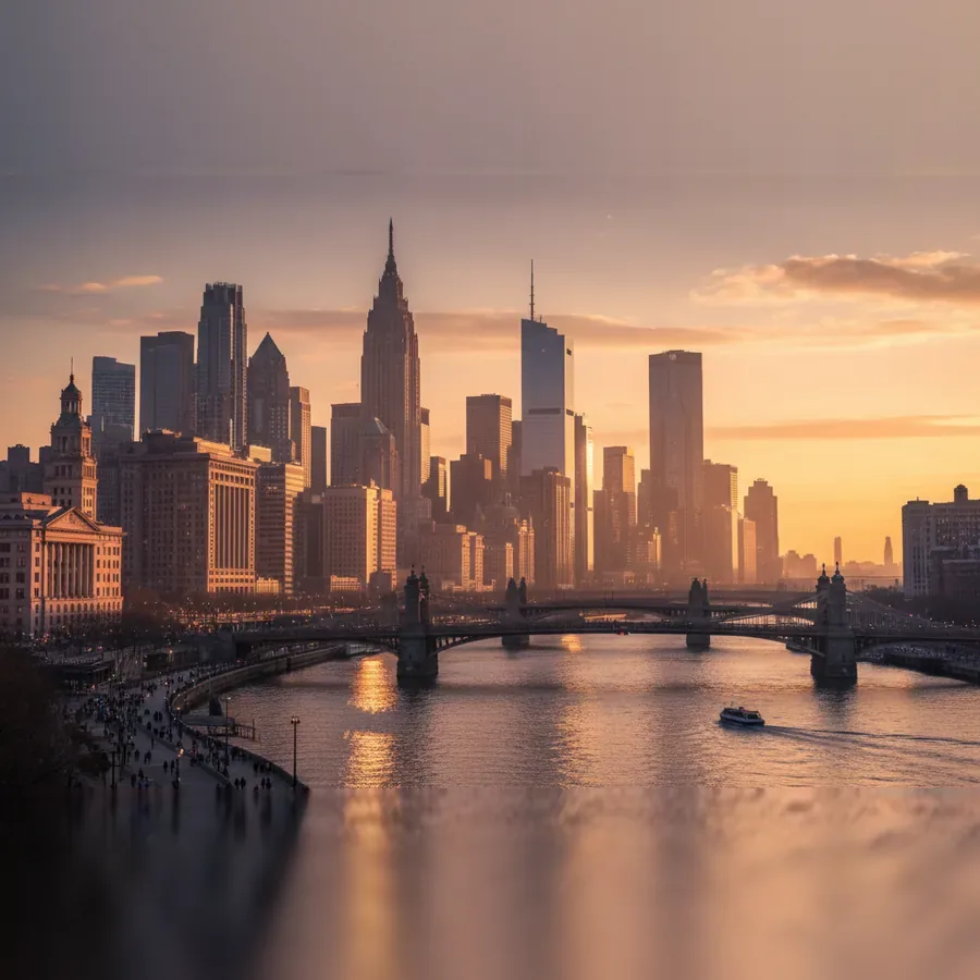 A river city skyline at golden hour