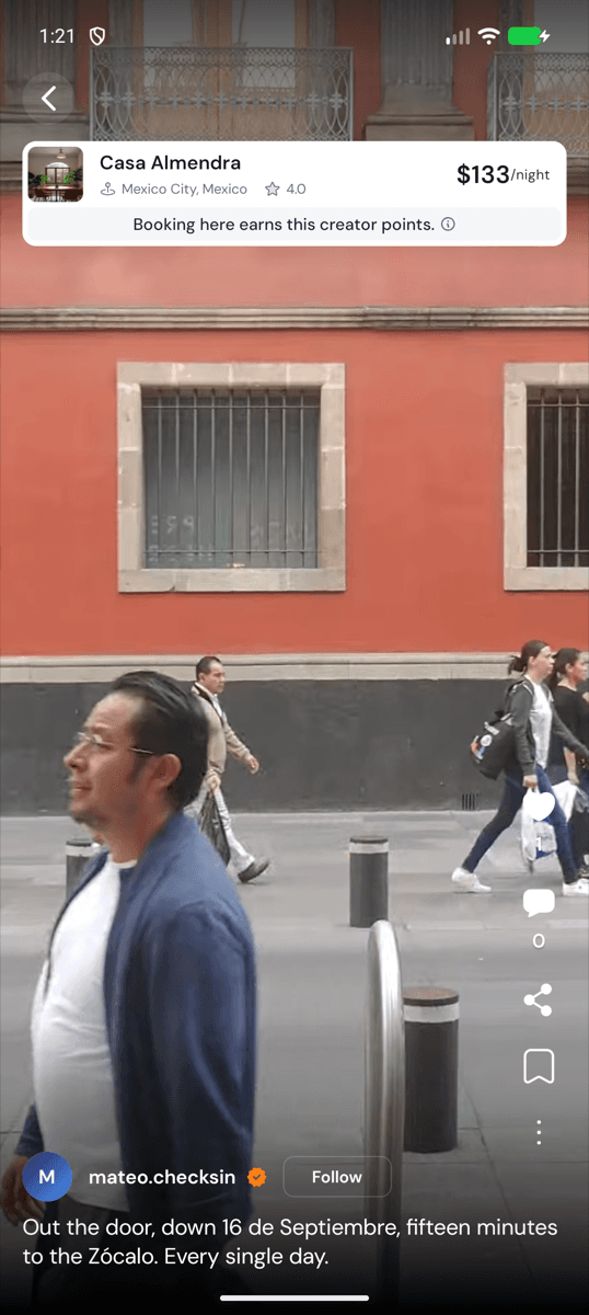 The LOVO reel viewer: a creator's video of Casa Almendra in Mexico City, with the stay card, its nightly price and the line 'Booking here earns this creator points' on top of it.