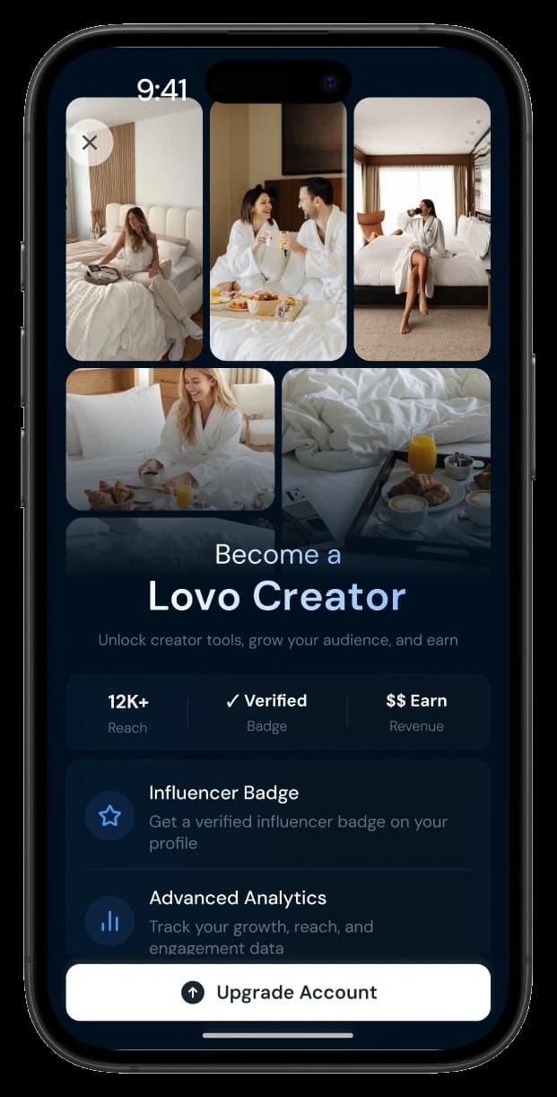 The LOVO creator dashboard, showing follower reach, a verified badge and earnings