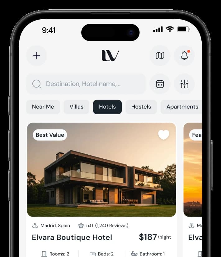 Hotel search in the LOVO app, showing Elvara Boutique Hotel at $187 a night