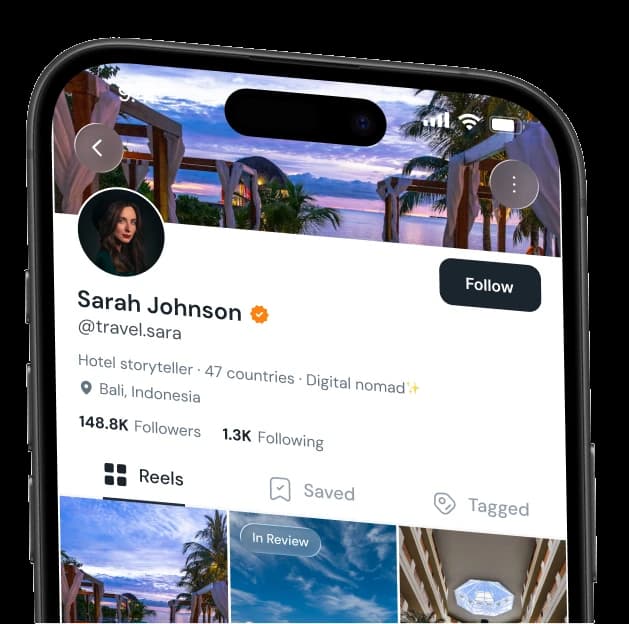 A LOVO creator profile with followers, reels and saved stays