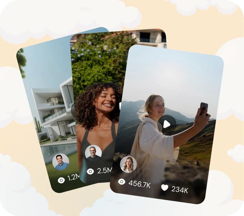 Creator videos stacked as cards, with view and like counts