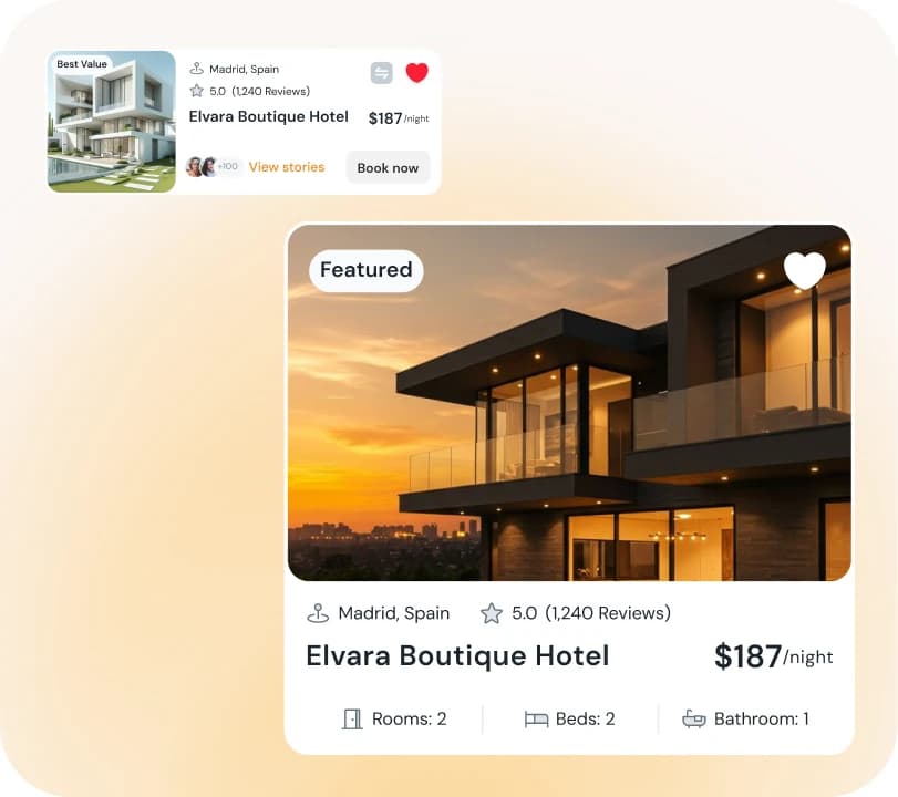 A featured hotel listing with its room, bed and bathroom details